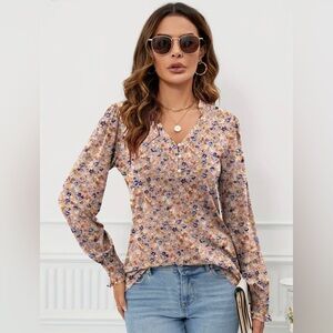 New NWT Cotton Long Sleeve Floral Blouse Tunic V Neck Ruched Puff Sleeves Tan